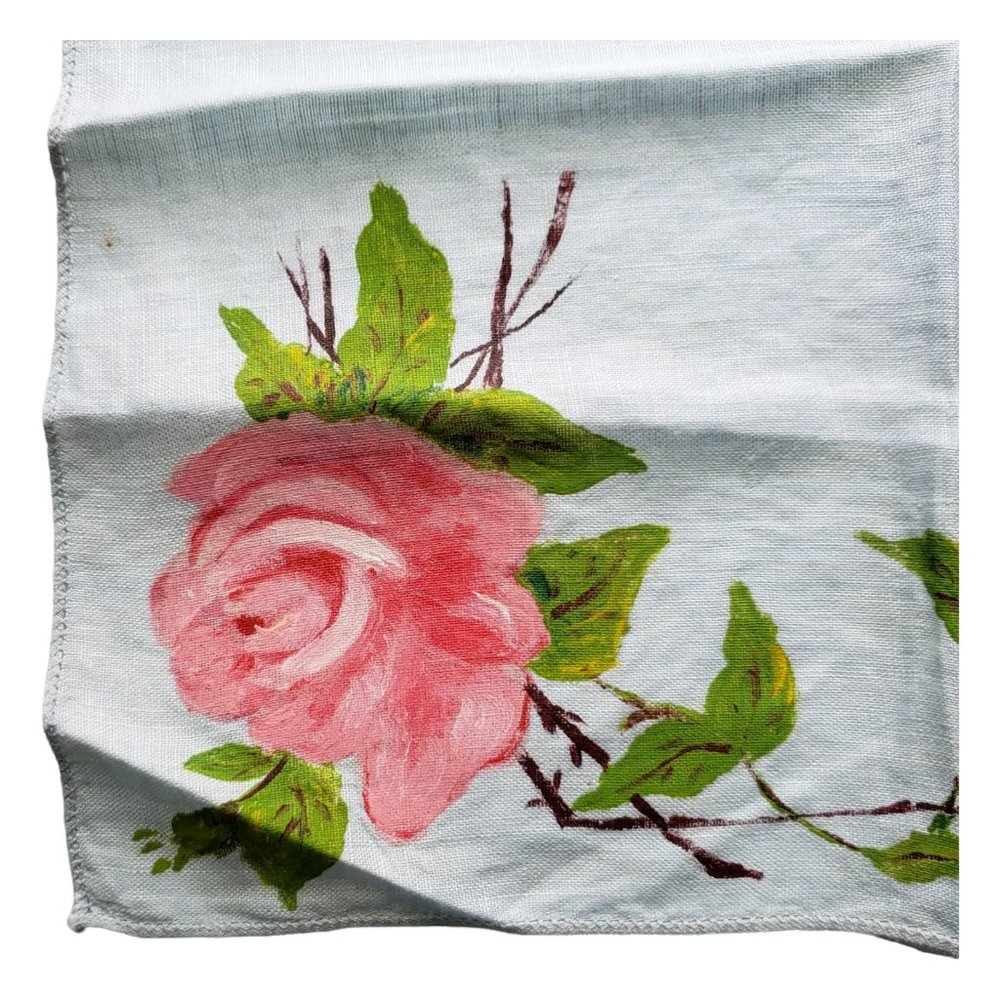 Vtg Ladies Handkerchief /Hankies Light Blue Linen with hand painted Pink Roses - Picture 3 of 7